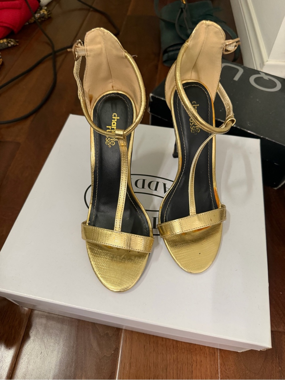 Charlotte Russe Metallic Gold T-Strap Stiletto Sandals - Picture 1 of 3
